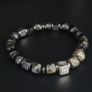 Herenarmband obsidiaan & hematiet 8mm met s925 logo blok “New Orleans” – Eternal Gems