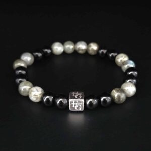 Herenarmband Labradoriet & Onyx (8mm) met s925 blok – “Monterrey”