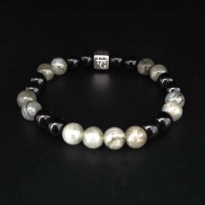 Herenarmband Labradoriet & Onyx (6mm) met s925 blok – “Monterrey”