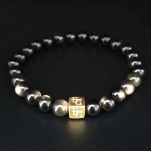 Herenarmband Obsidiaan (rond 8mm) met gold plated s925 logo blok “Mexico City” | City Collection