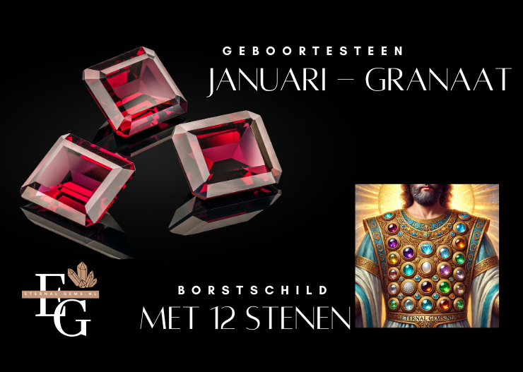 Geboortesteen januari granaat. Hogepriester Aaron met borstschild en 12 stenen.
