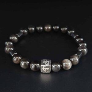 Herenarmband obsidiaan 8 mm & hematiet “Casablanca” met s925 zilver logo blok