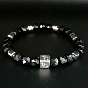 Heren armband agaat 7/8mm met hematiet en 925 zilver logo blok Genua